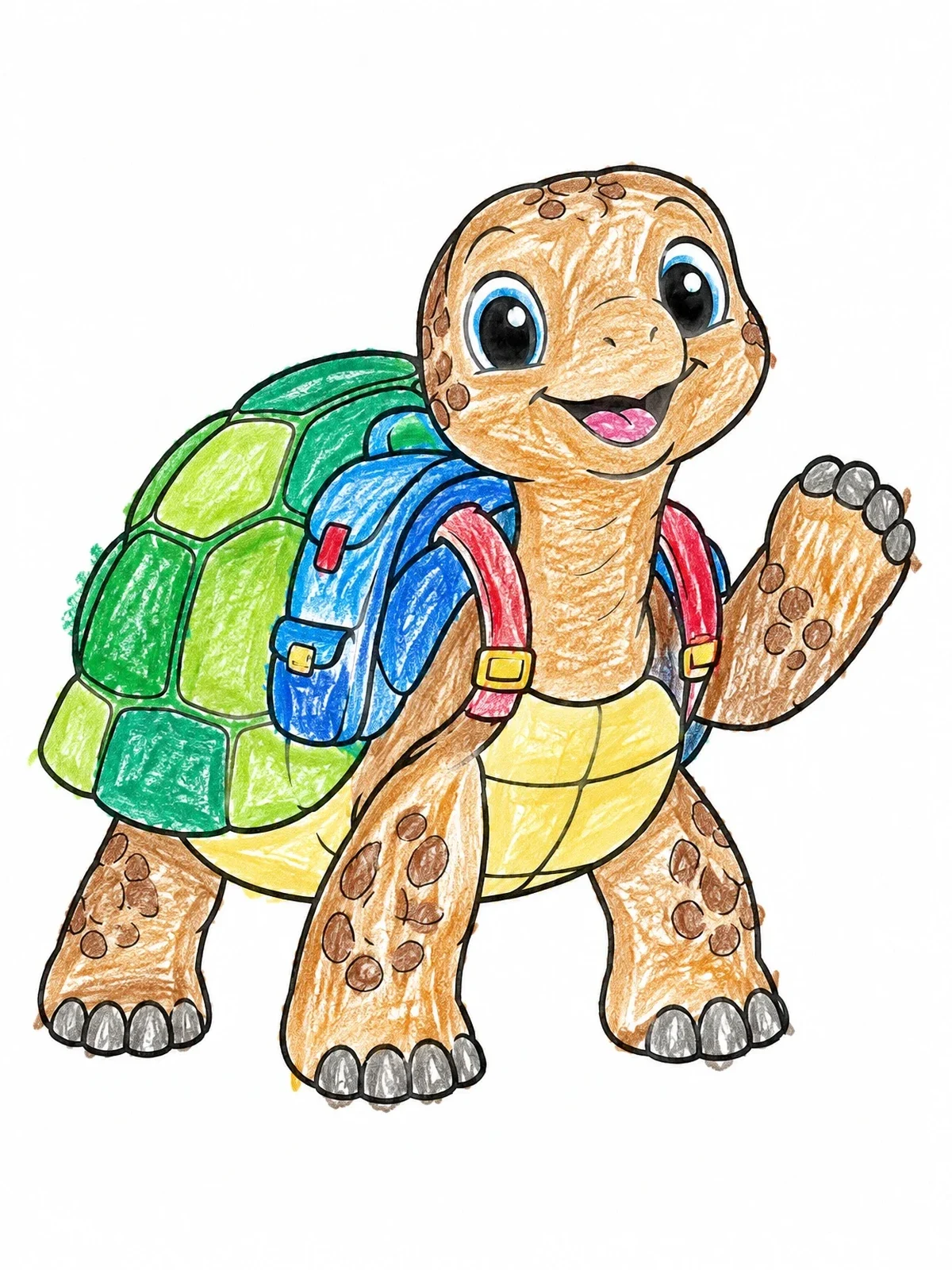 Colored example of the Cheerful Cartoon Tortoise With Backpack coloring page