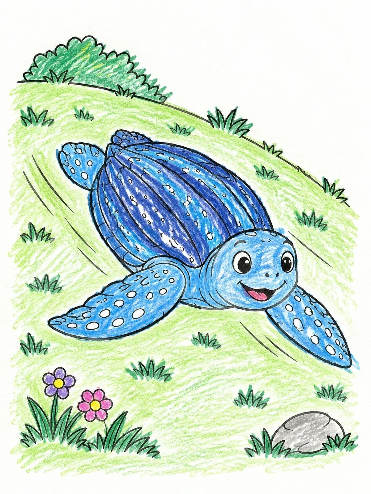 Colored example of the Cheerful Sea Turtle Sliding Down Hill coloring page