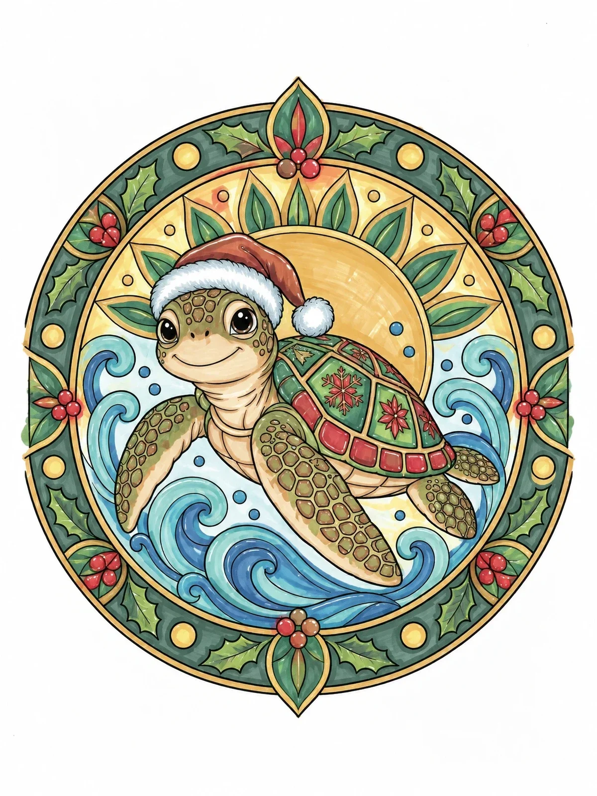 Colored example of the Festive Sea Turtle Holiday Mandala coloring page
