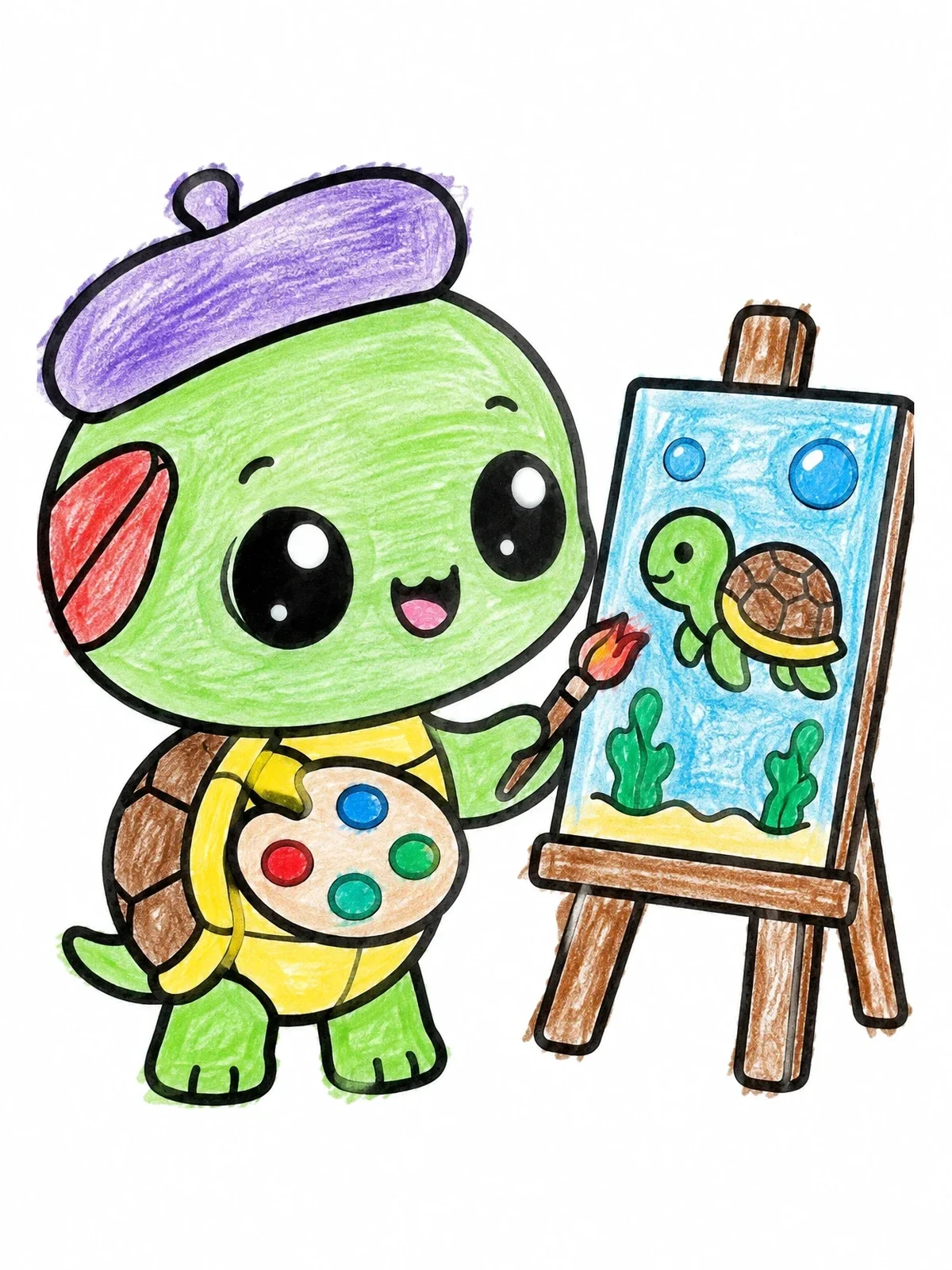 Colored example of the Cute Artist Turtle Painting At Easel coloring page
