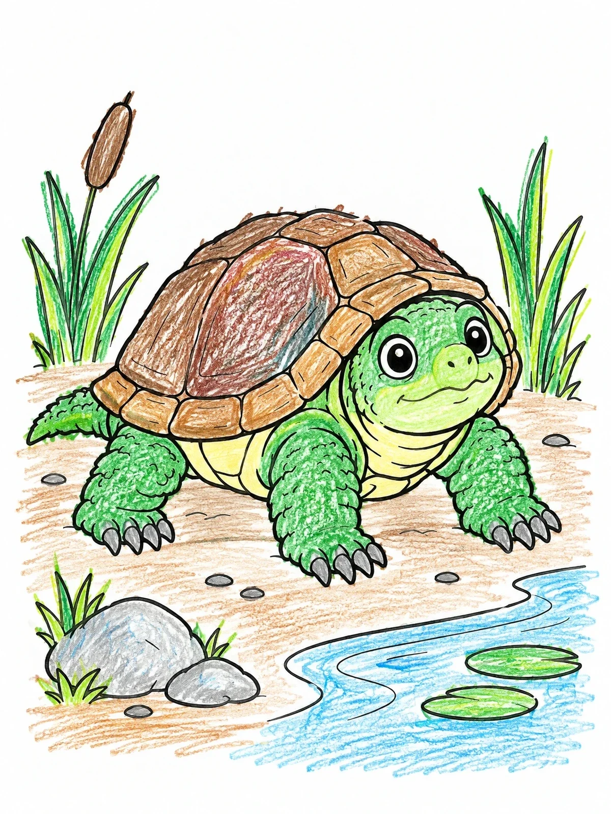 Colored example of the Cute Baby Snapping Turtle By Pond coloring page
