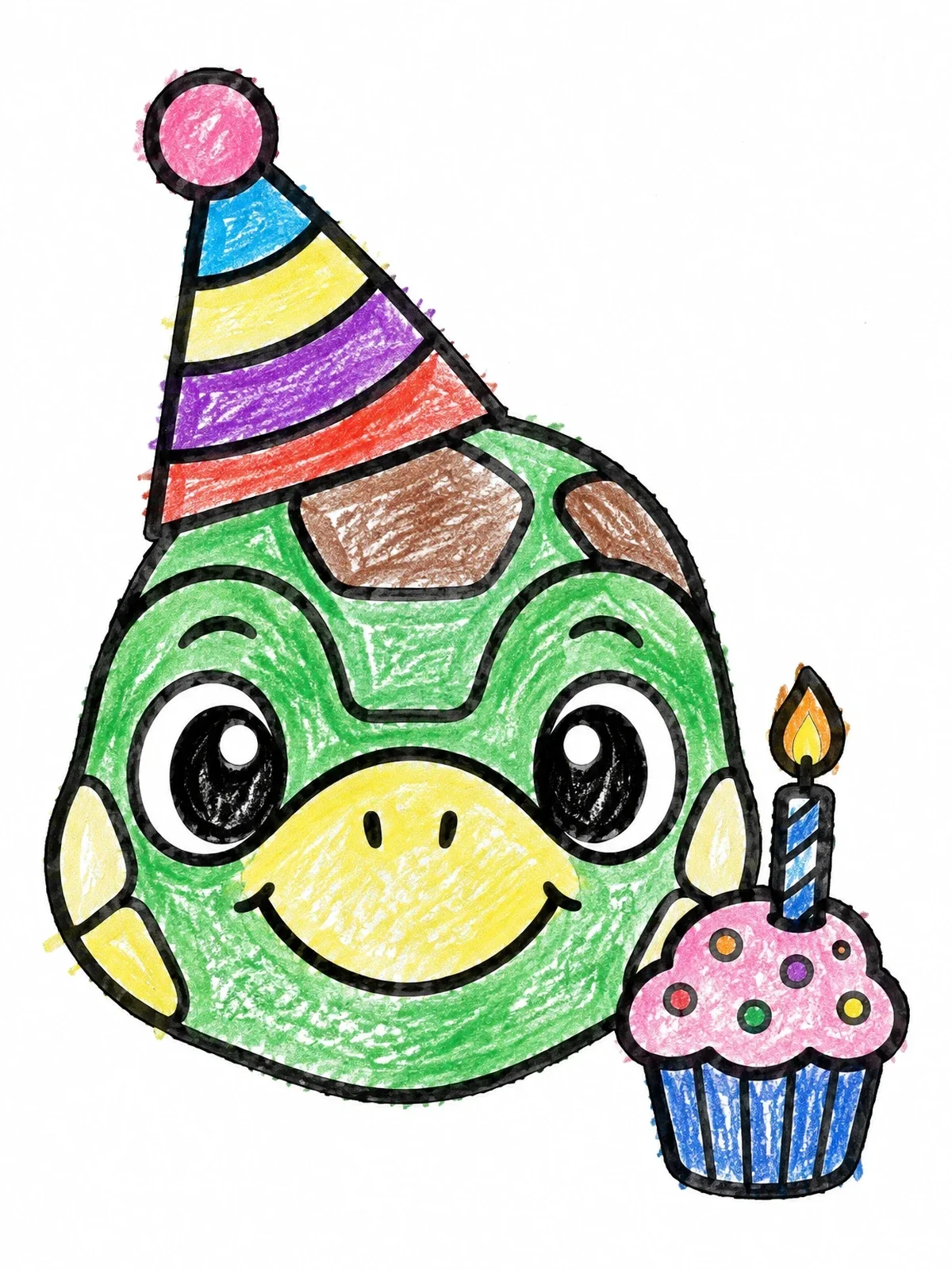 Colored example of the Cute Birthday Turtle With Cupcake coloring page