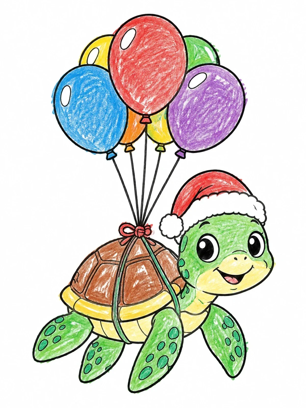 Colored example of the Cute Christmas Turtle Flying With Balloons coloring page