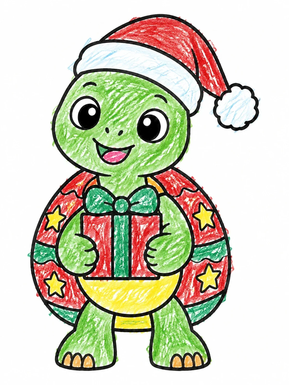 Colored example of the Cute Christmas Turtle With Gift coloring page