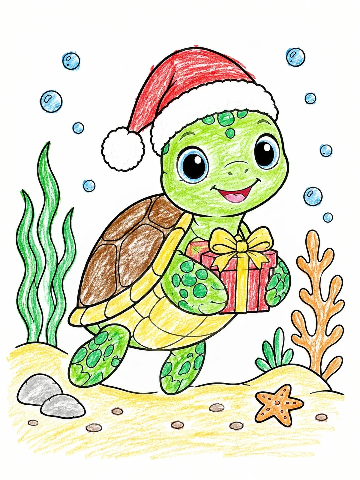 Colored example of the Cute Christmas Turtle With Gift coloring page