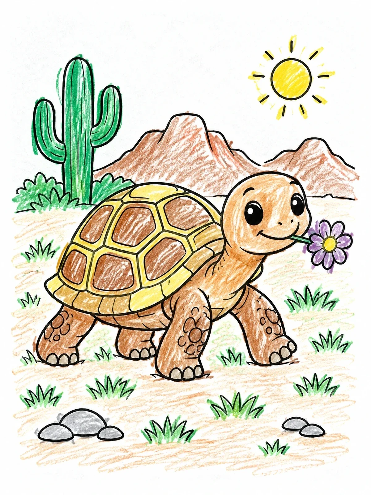 Colored example of the Cute Desert Tortoise With Flower coloring page