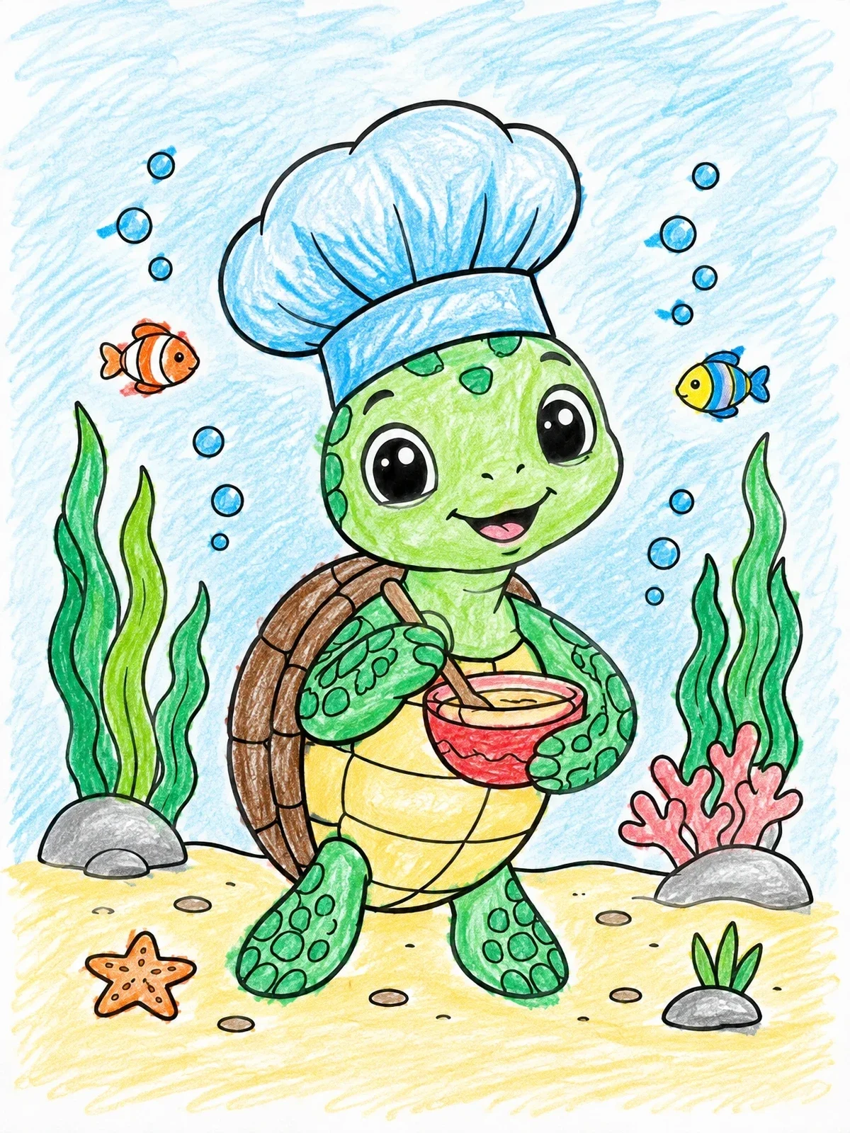 Colored example of the Little Sea Turtle Chef Cooking Underwater coloring page