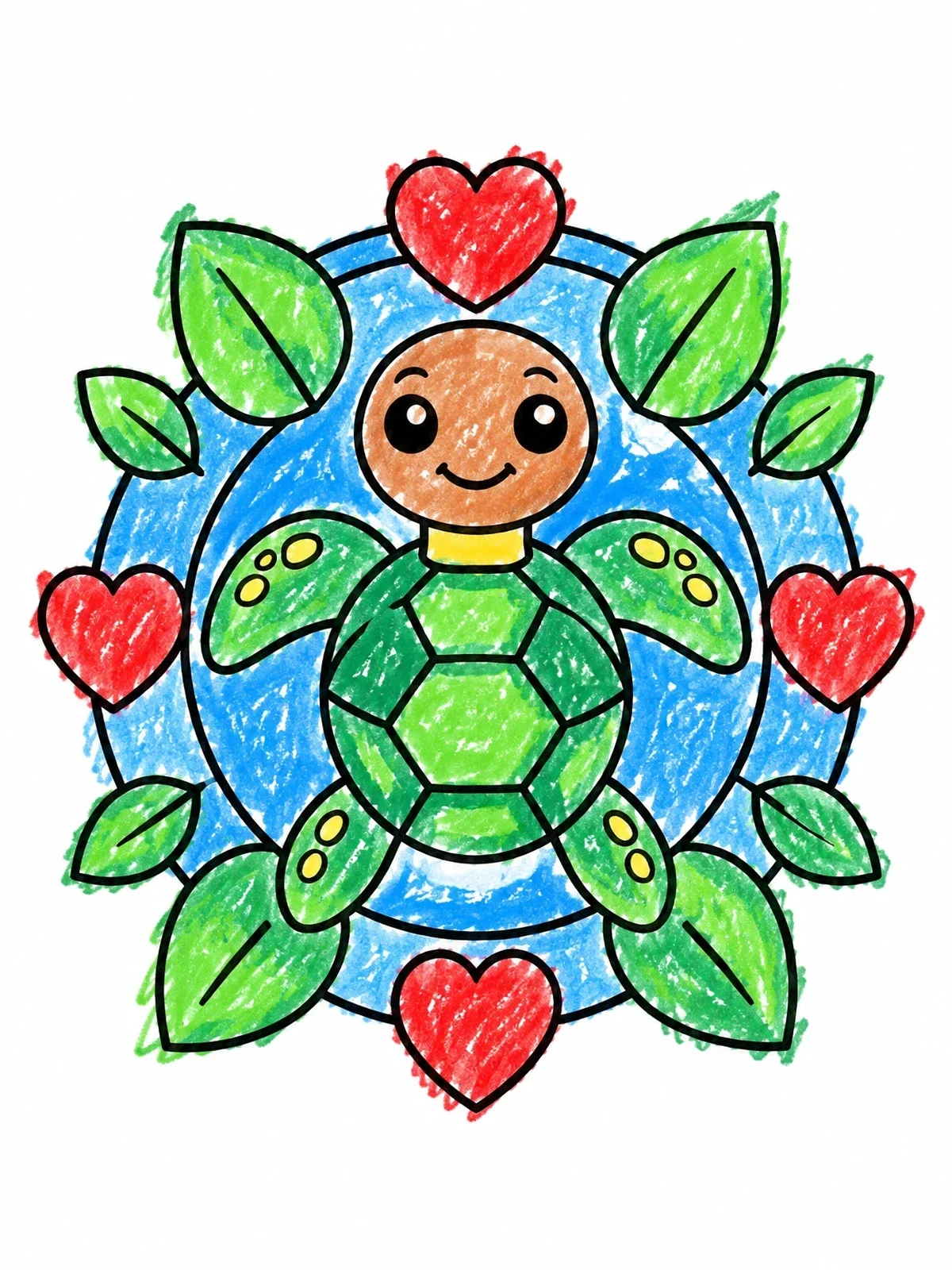 Colored example of the Cute Sea Turtle Mandala With Hearts coloring page