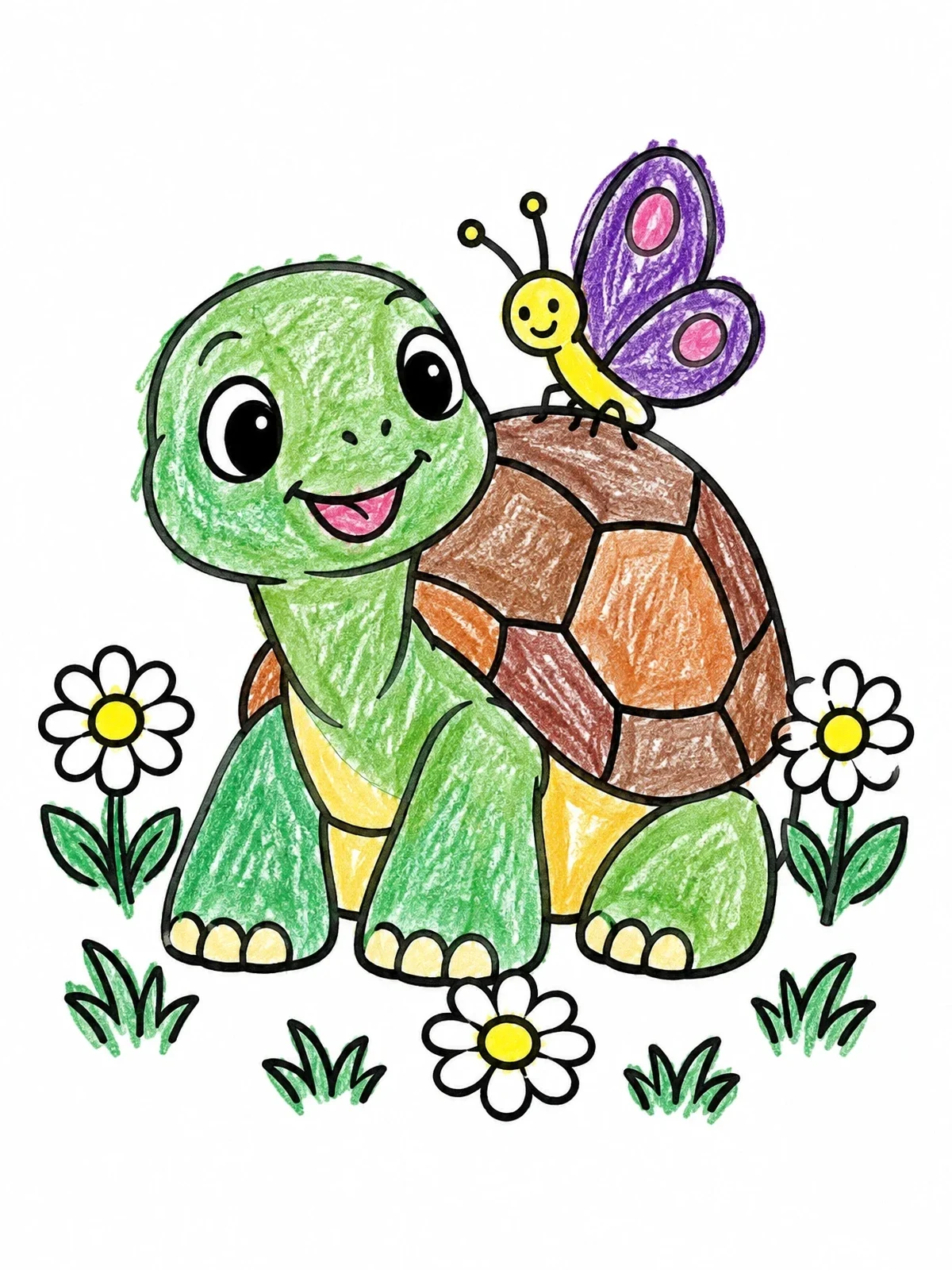 Colored example of the Cute Tortoise With Butterfly And Flowers coloring page