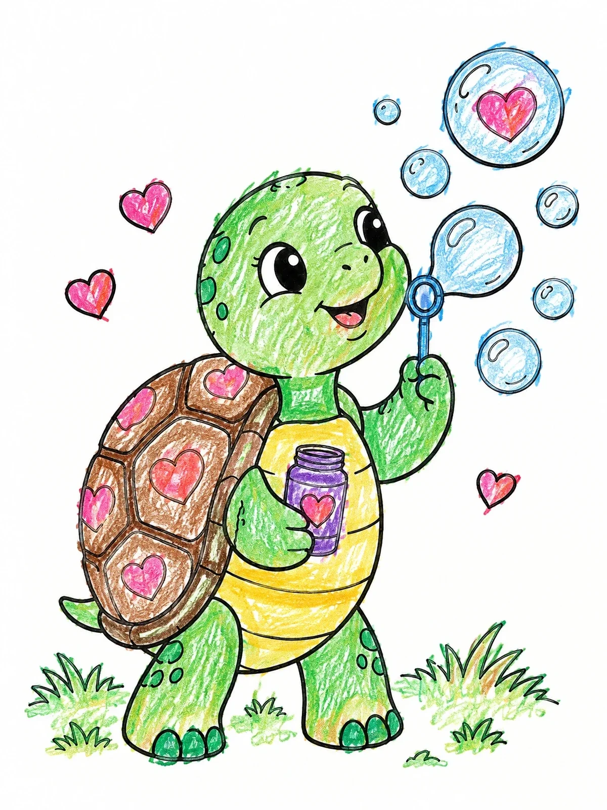 Colored example of the Cute Turtle Blowing Heart Bubbles coloring page