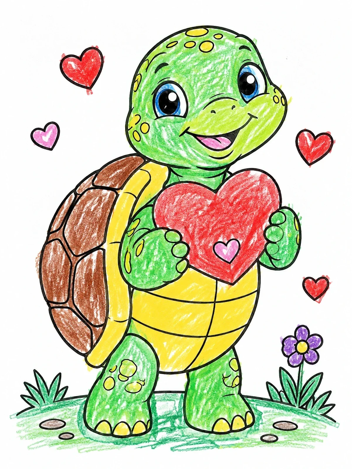 Colored example of the Cute Turtle Holding Valentine Heart coloring page