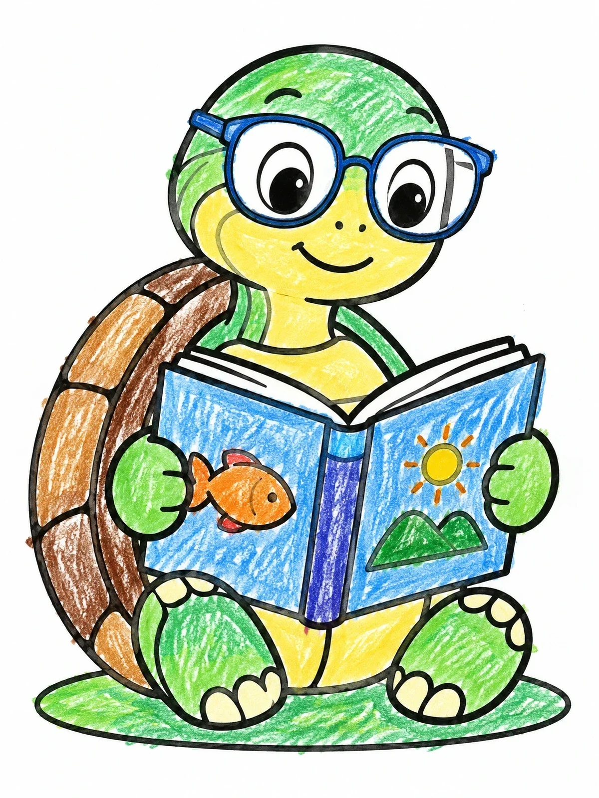 Colored example of the Cute Turtle Reading A Picture Book coloring page