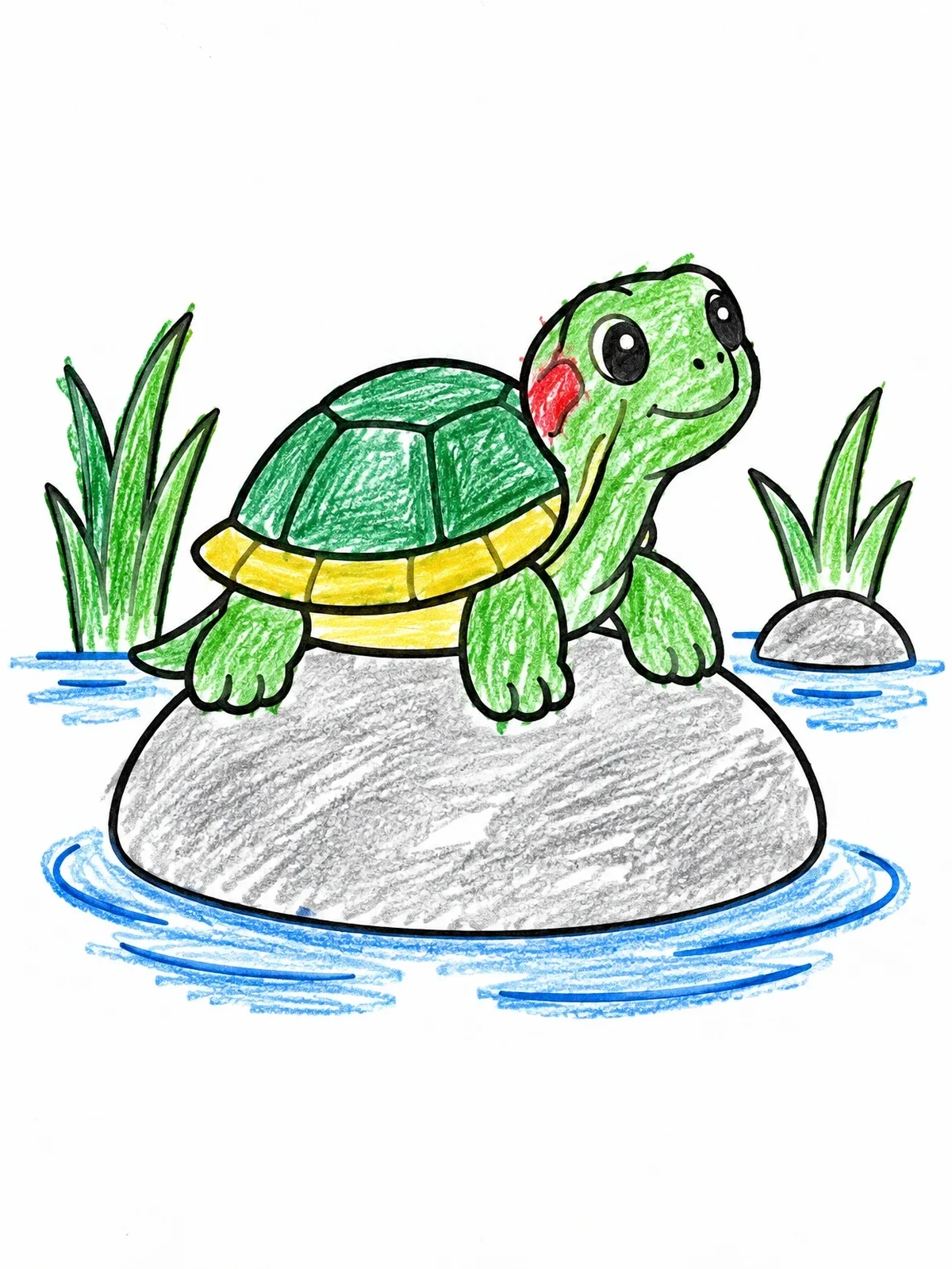 Colored example of the Cute Turtle Resting On A River Stone coloring page