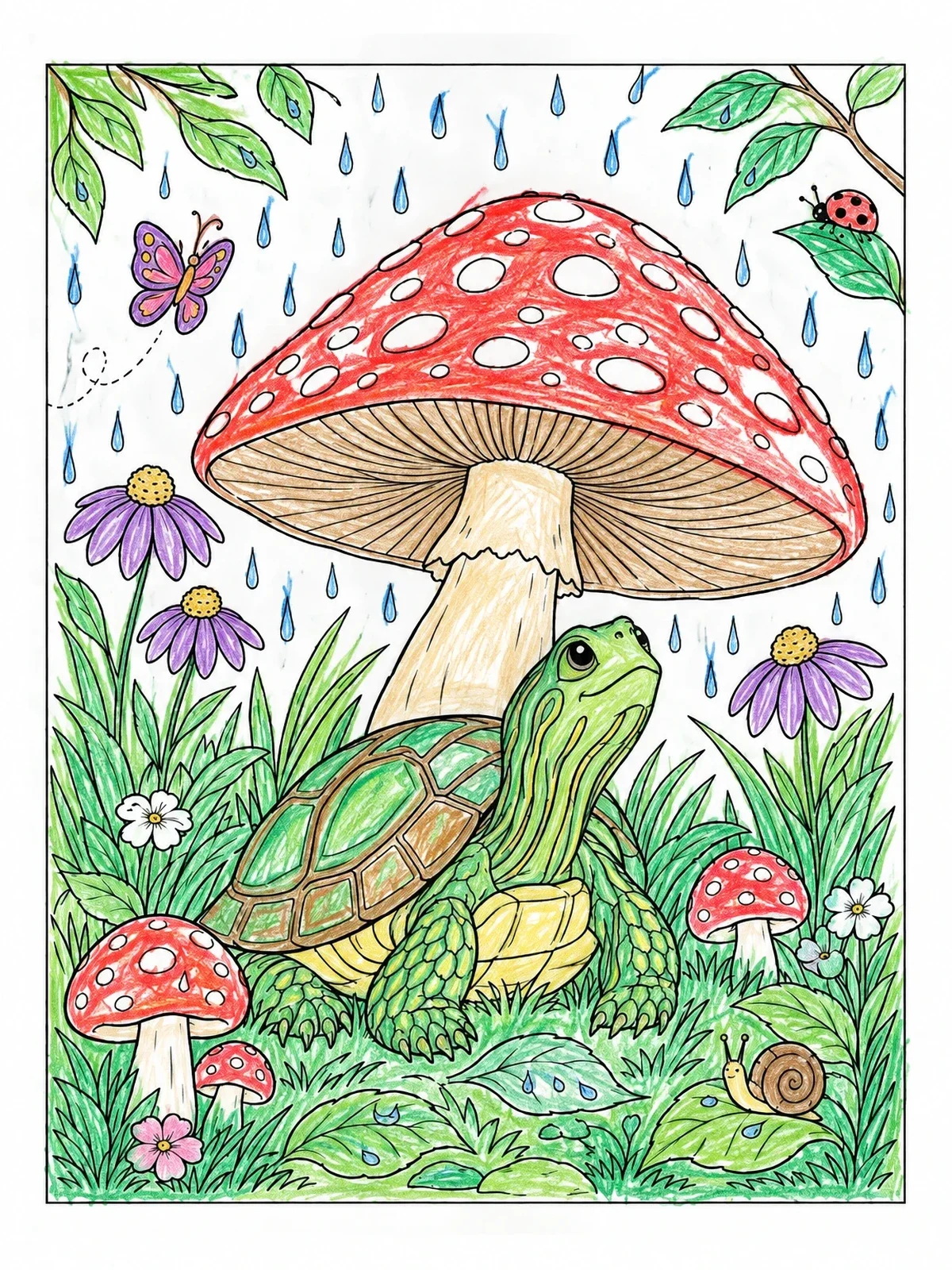 Colored example of the Cute Turtle Sheltered Under Giant Mushroom coloring page