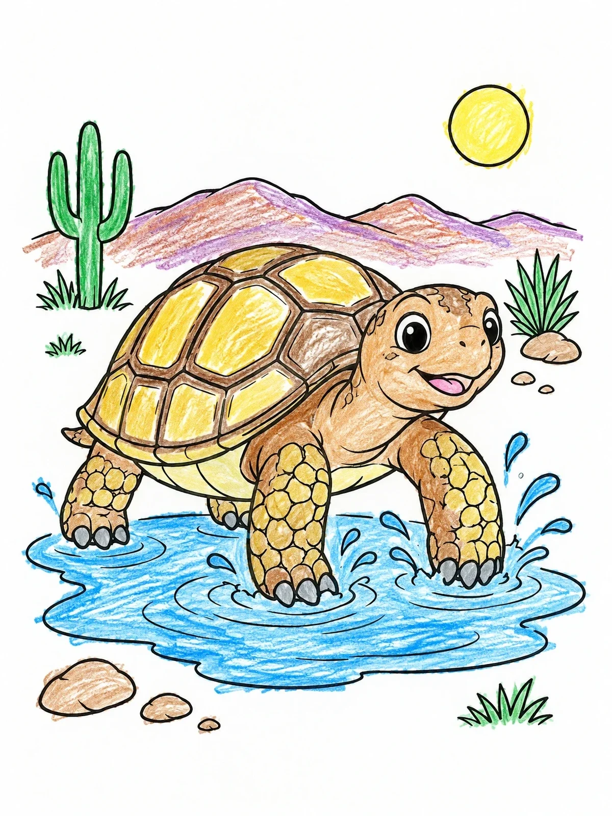Colored example of the Happy Desert Tortoise In A Puddle coloring page
