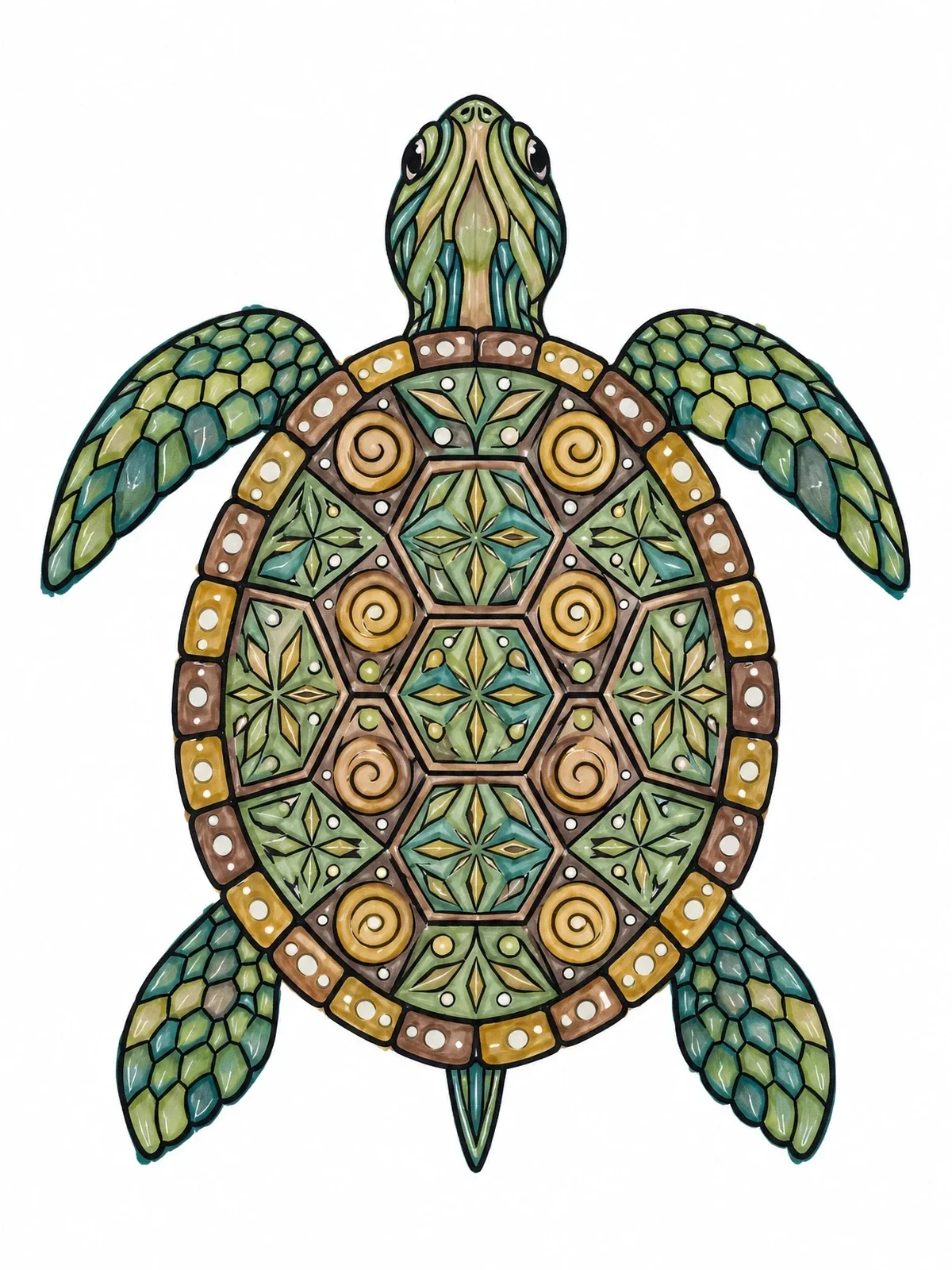 Colored example of the Intricate Geometric Turtle Shell Mandala coloring page