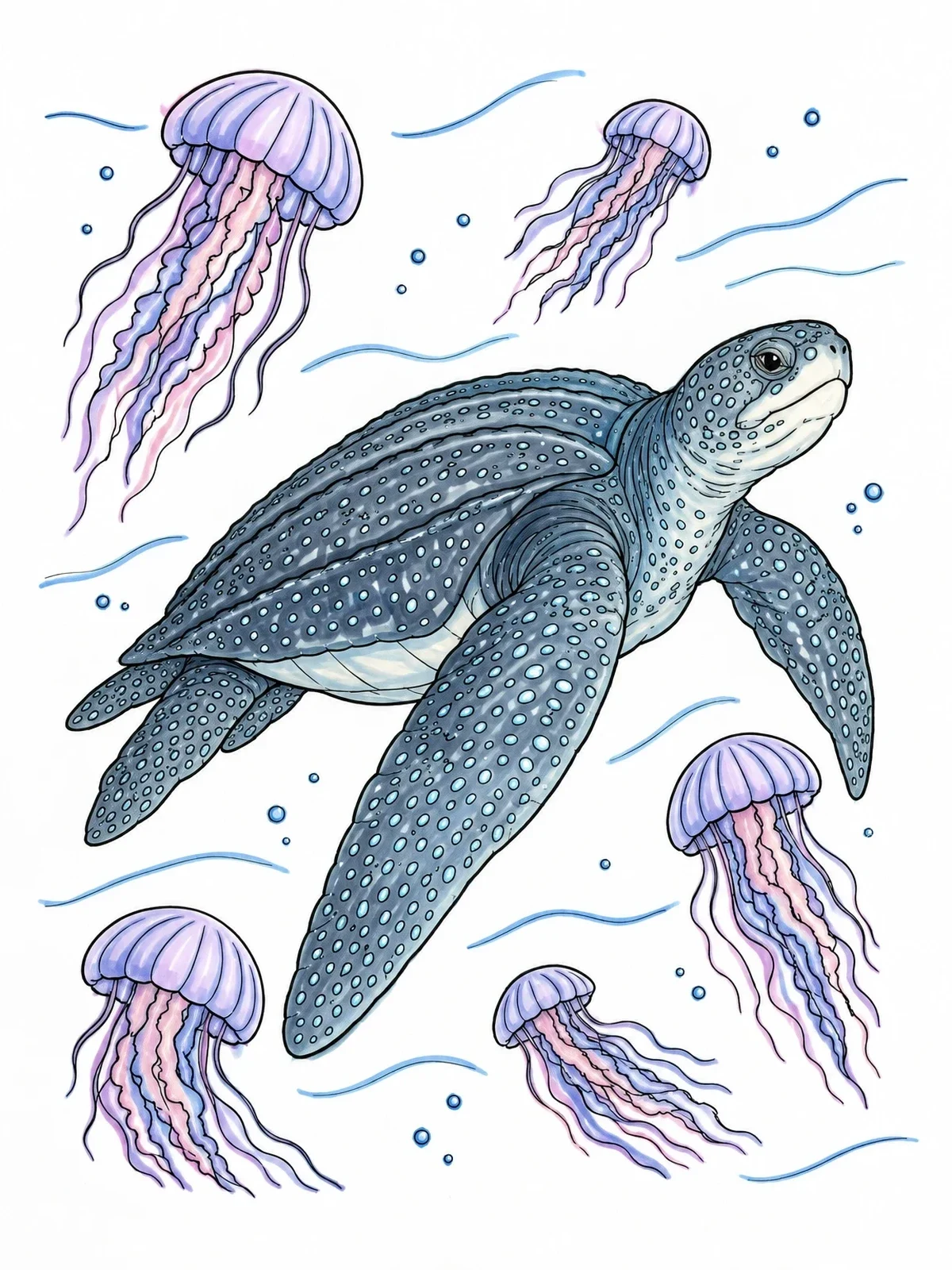 Colored example of the Leatherback Turtle Swimming With Jellyfish coloring page