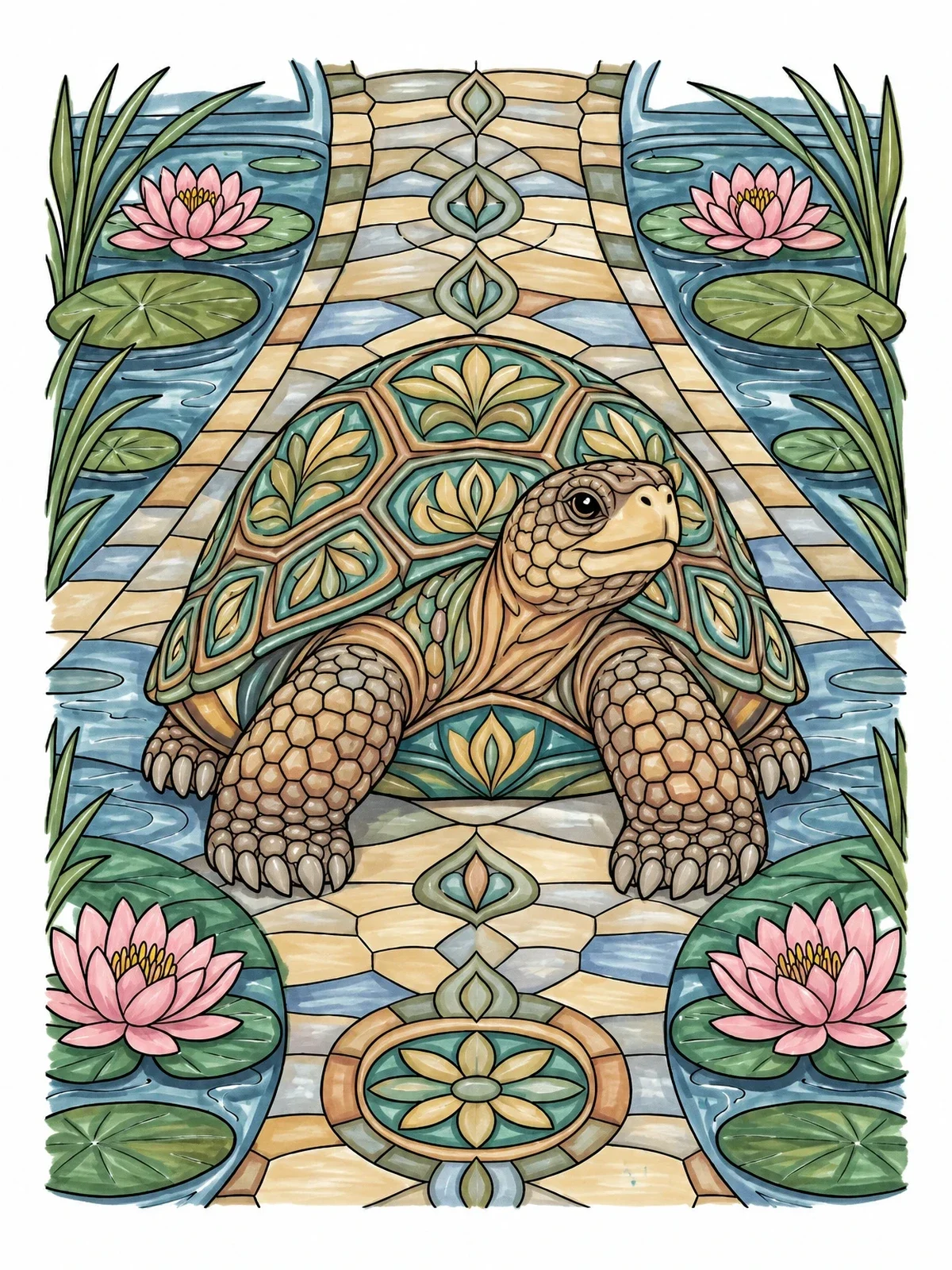 Colored example of the Ornamental Tortoise On Mosaic Path coloring page