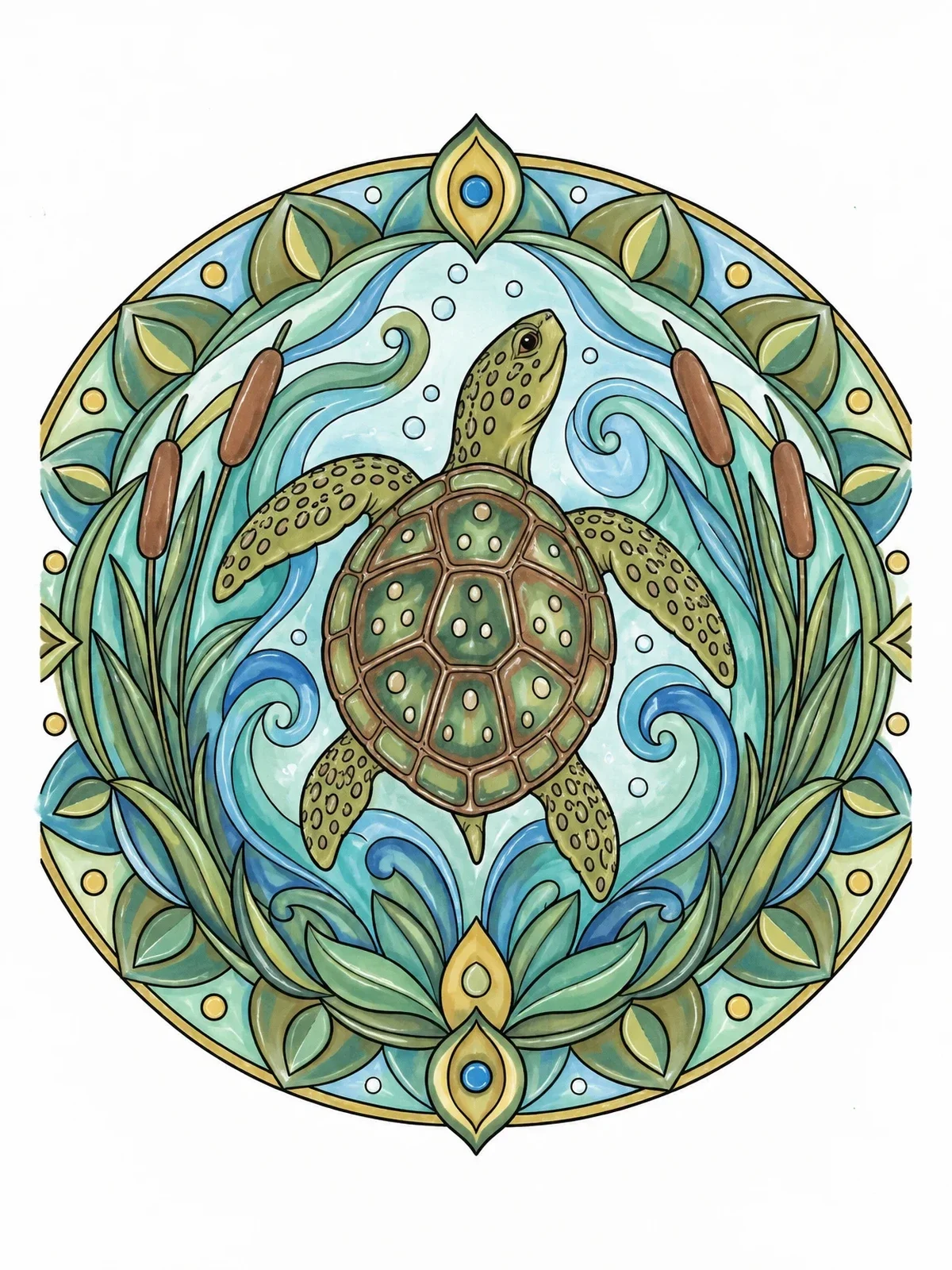 Colored example of the Spotted Turtle In Art Nouveau Mandala coloring page