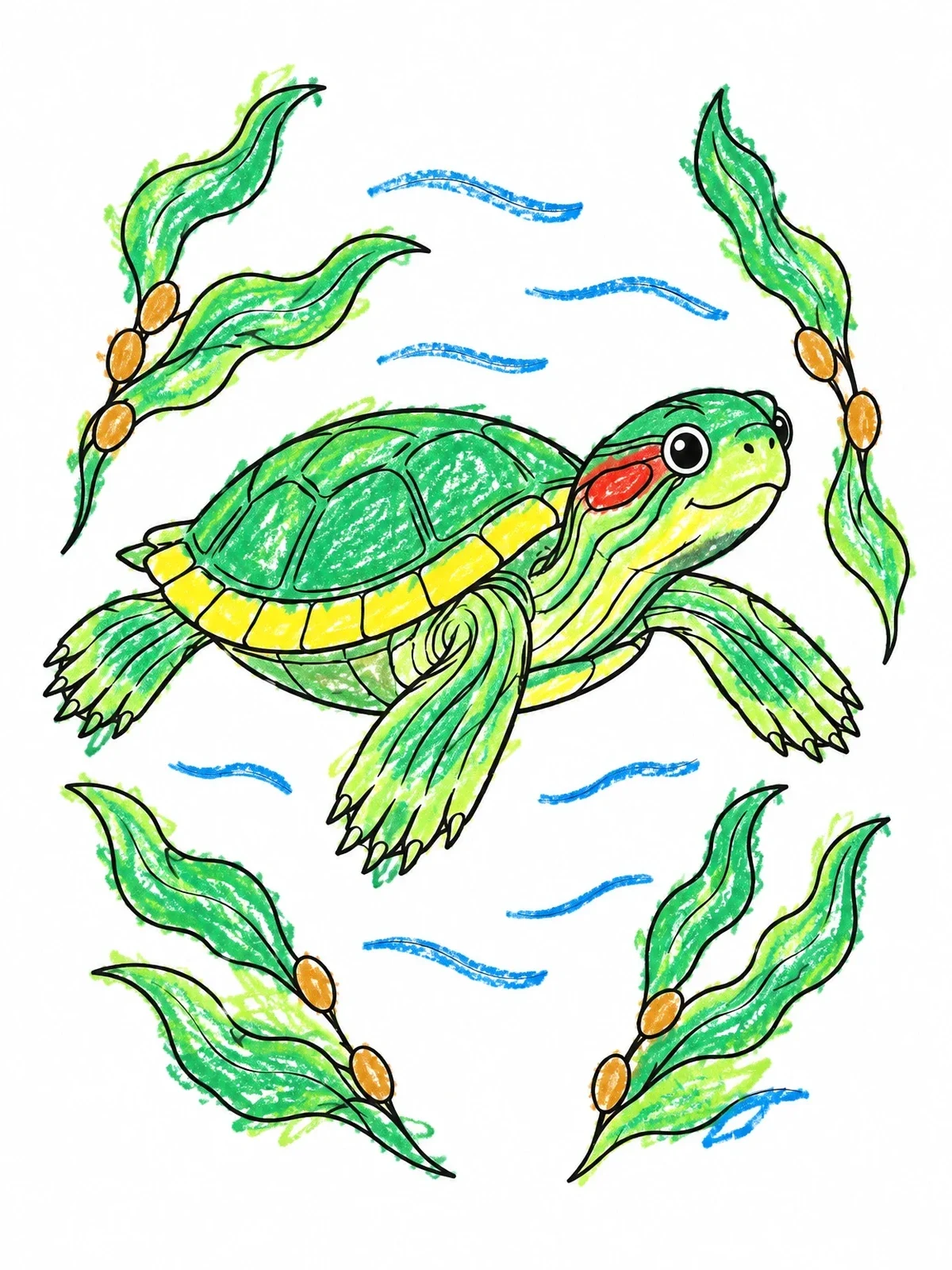 Colored example of the Swimming Red Eared Slider Turtle coloring page