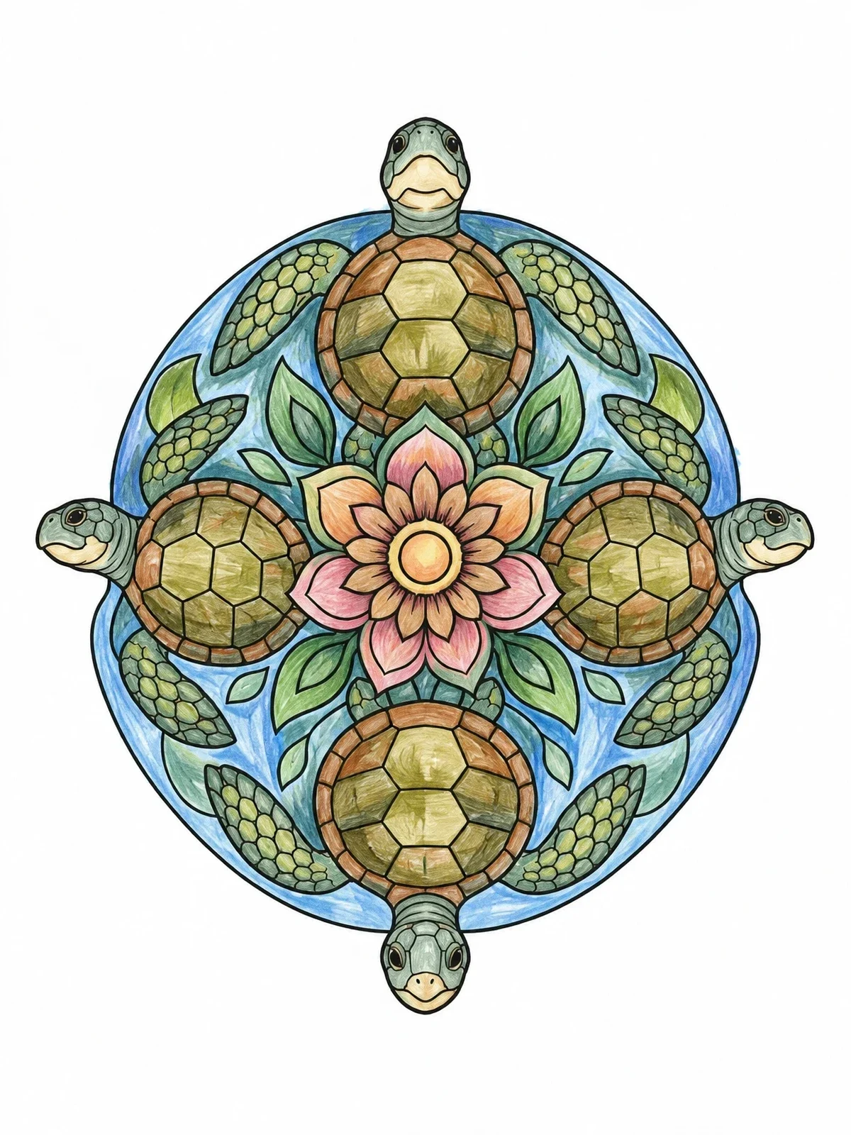 Colored example of the Symmetrical Sea Turtle Mandala coloring page