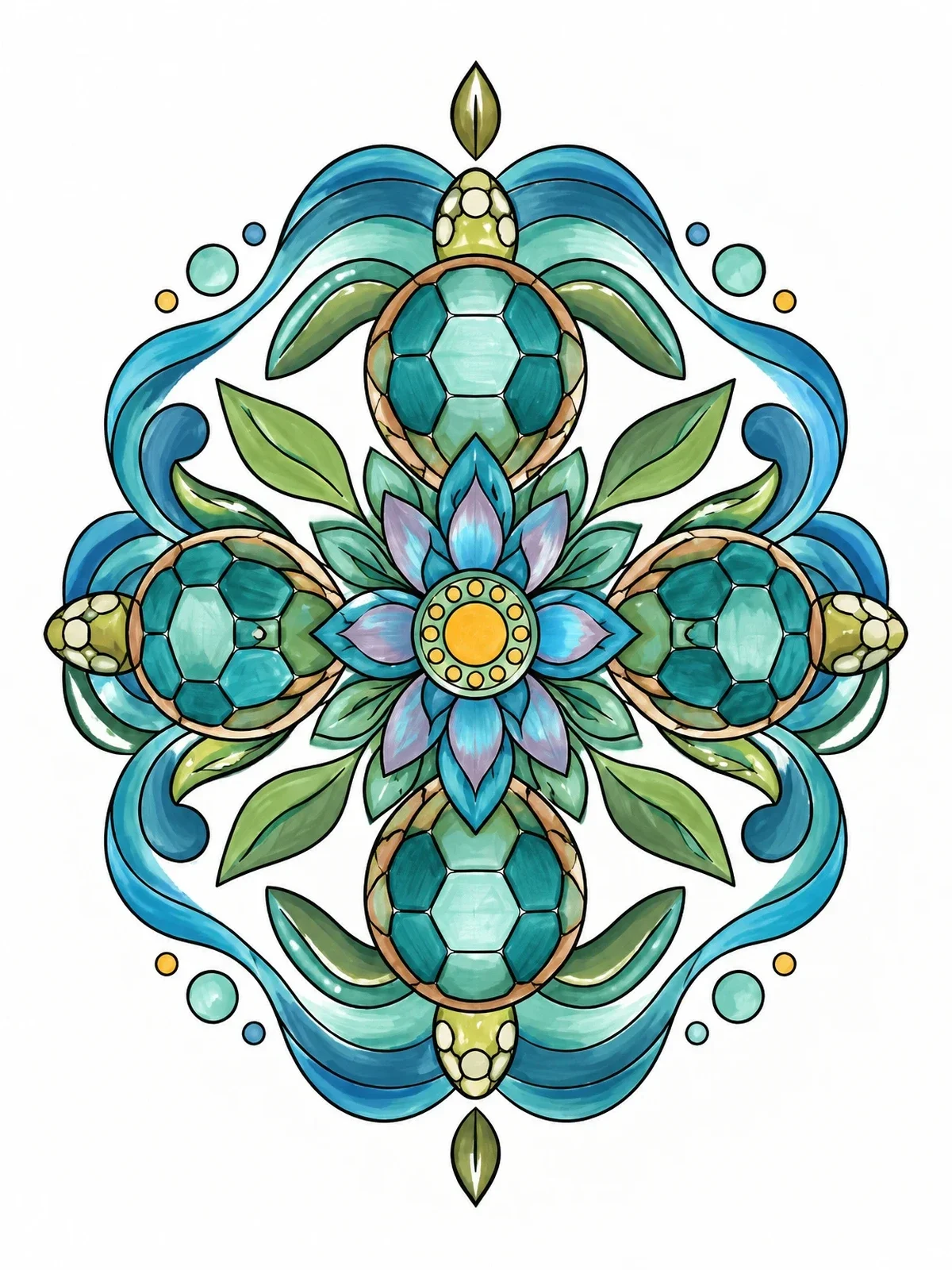 Colored example of the Symmetrical Tortoise Mandala Pattern coloring page