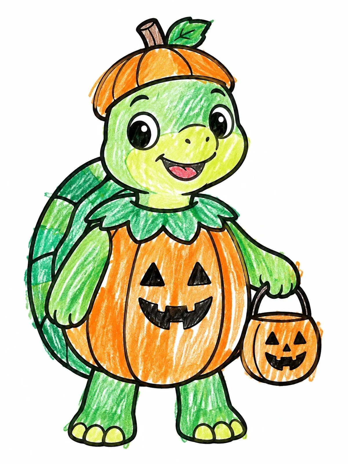 Colored example of the Cute Tortoise In Pumpkin Costume coloring page
