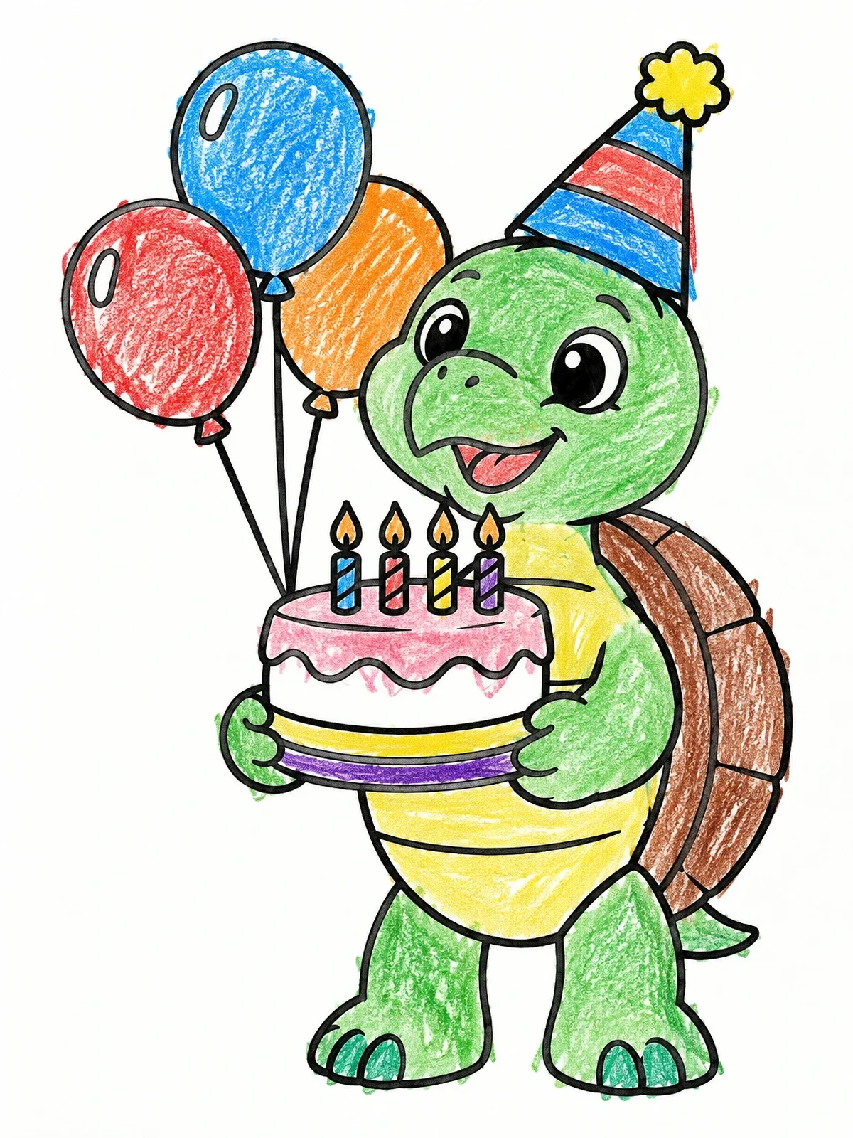 Colored example of the Turtle Celebrating Birthday With Cake coloring page