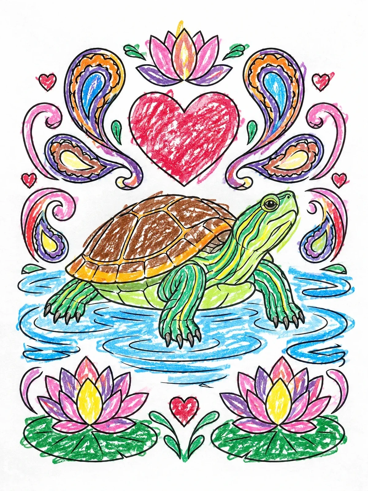 Colored example of the Valentine Turtle With Lotus Flowers coloring page