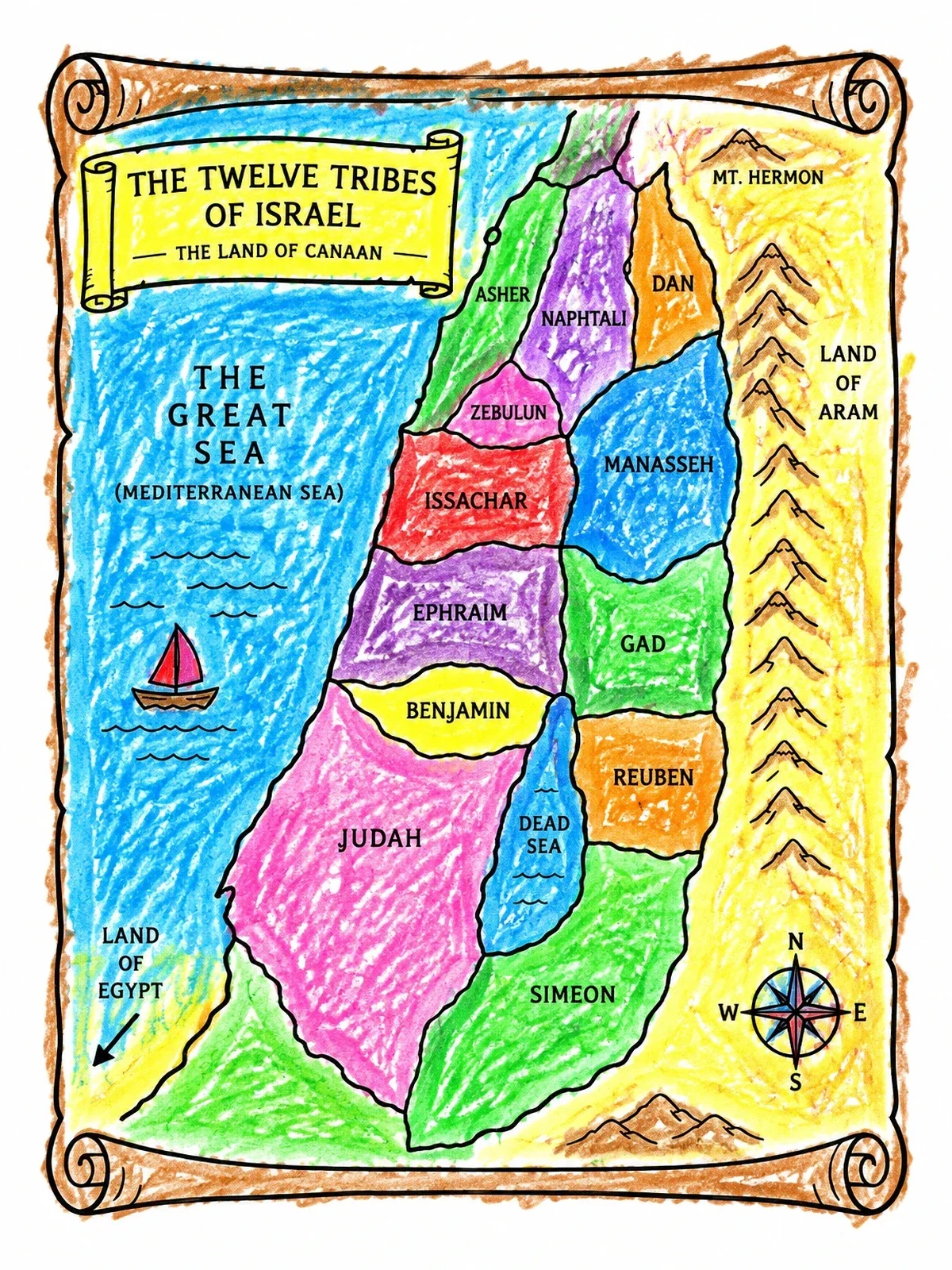 Colored example of the Twelve Tribes Of Israel Ancient Map coloring page
