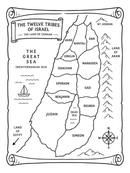 Ancient tribal scroll map featured in this israel coloring page with labeled regions.