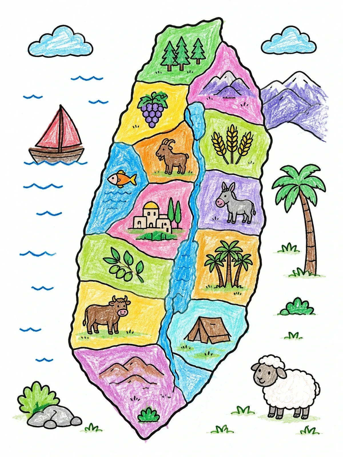 Colored example of the Map Of The Twelve Tribes Of Israel coloring page