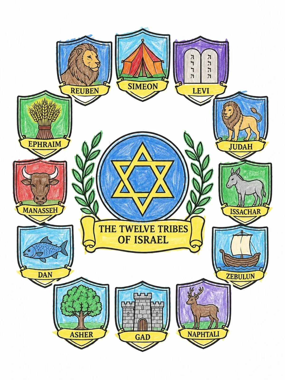 Colored example of the Twelve Tribes Of Israel Emblem coloring page