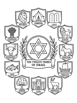 Twelve historic tribal shields surround a star emblem in this detailed israel coloring page.