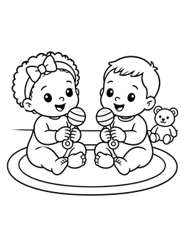 Free printable Twin Babies Playing With Rattles coloring page