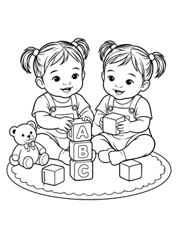 Free printable Twin Baby Girls Playing With Blocks coloring page