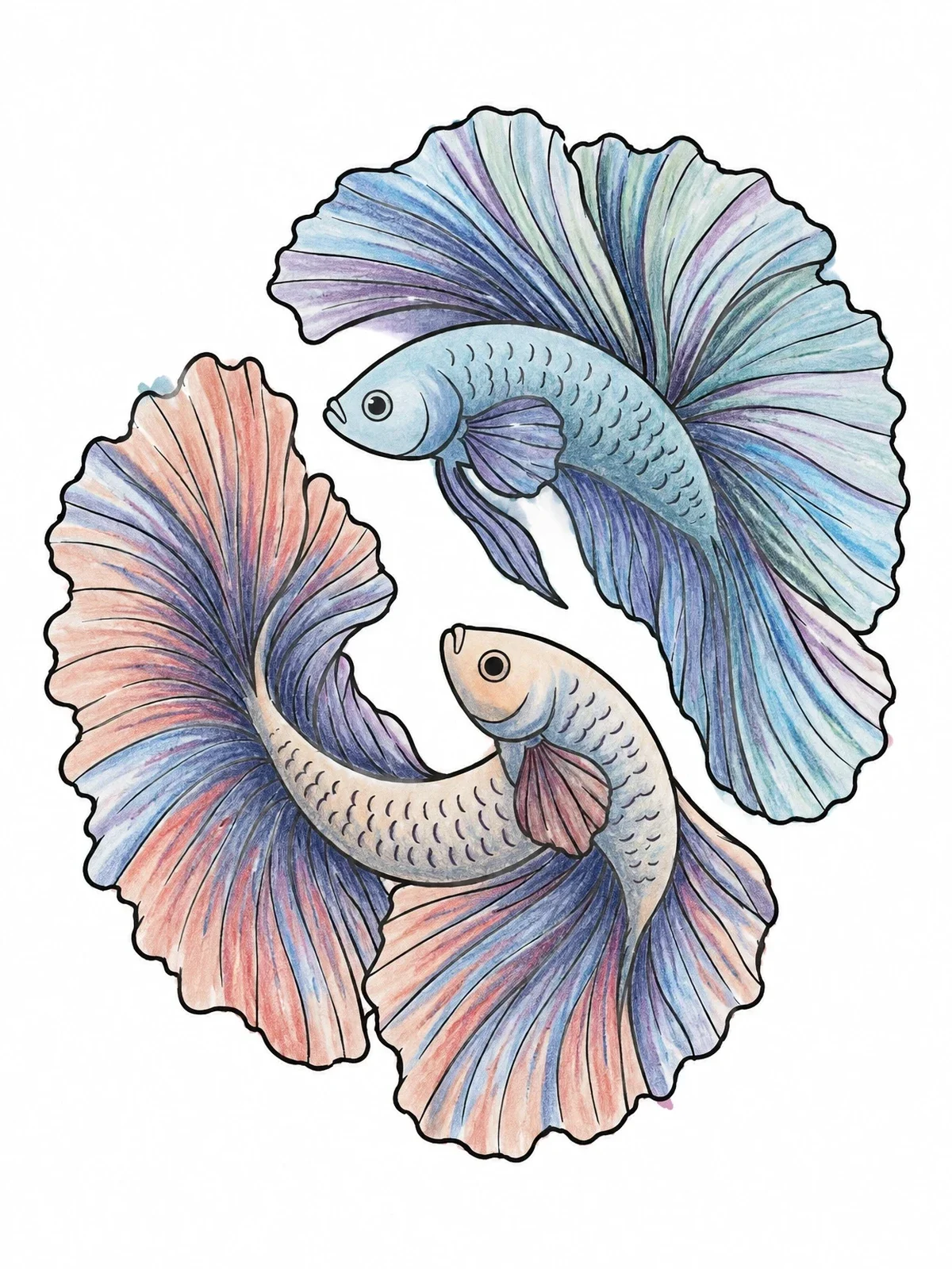 Colored example of the Twin Betta Fish Pisces Zodiac coloring page