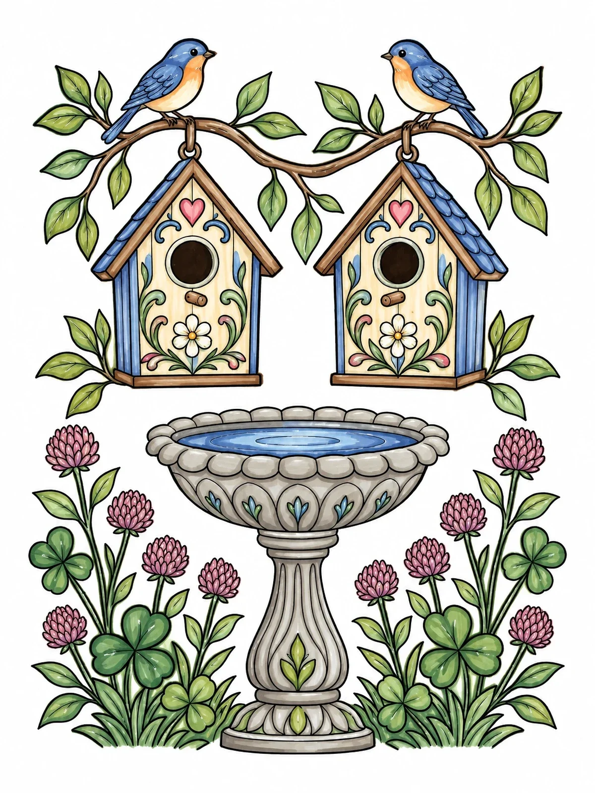 Colored example of the Twin Birdhouses And Garden Birdbath coloring page