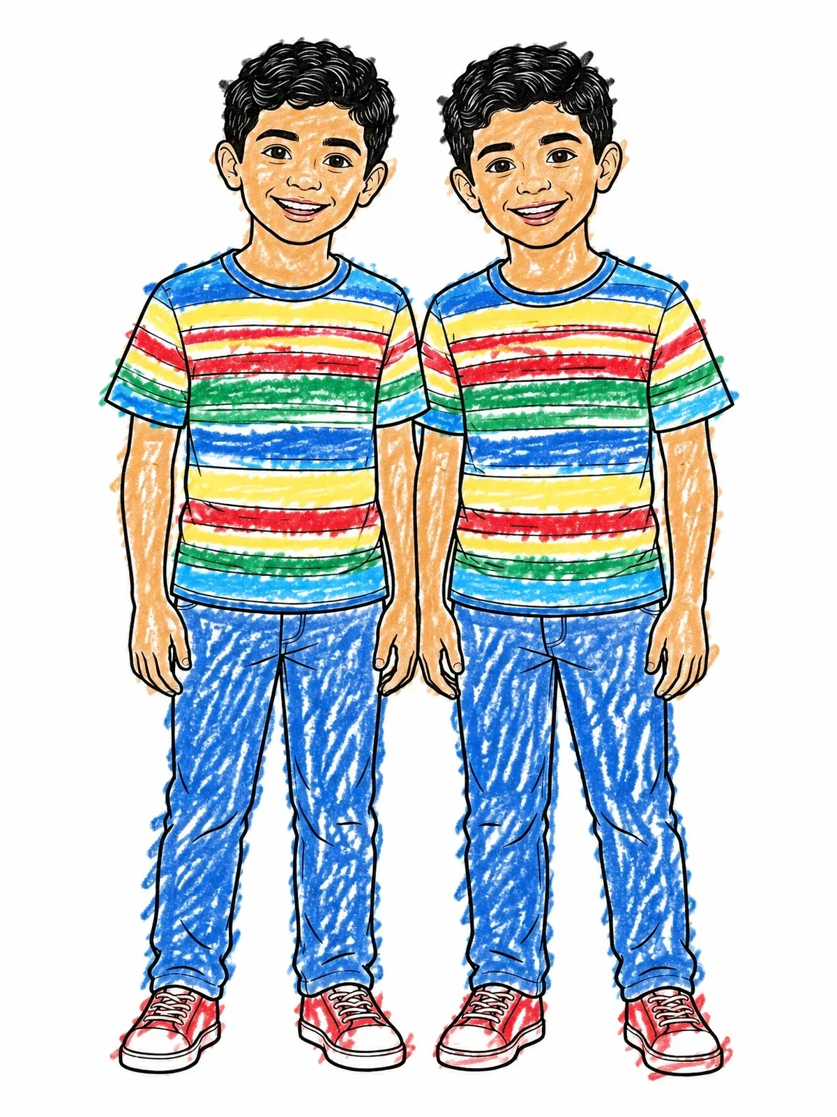 Colored example of the Twin Brothers In Matching Striped Shirts coloring page
