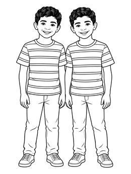 Smiling twin brothers stand side by side on this brother coloring page.