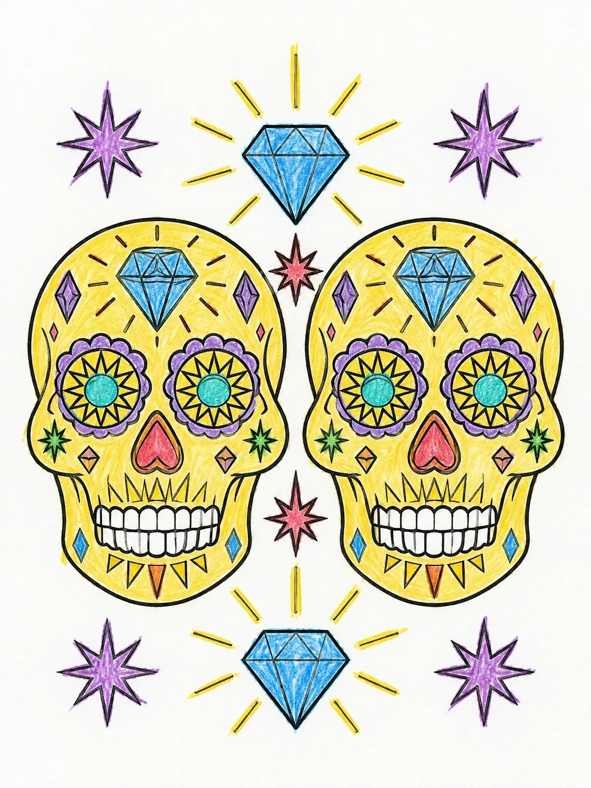 Colored example of the Twin Calavera Skulls With Diamonds coloring page