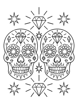 Two decorated calaveras surrounded by stars and gems on a skull coloring page.