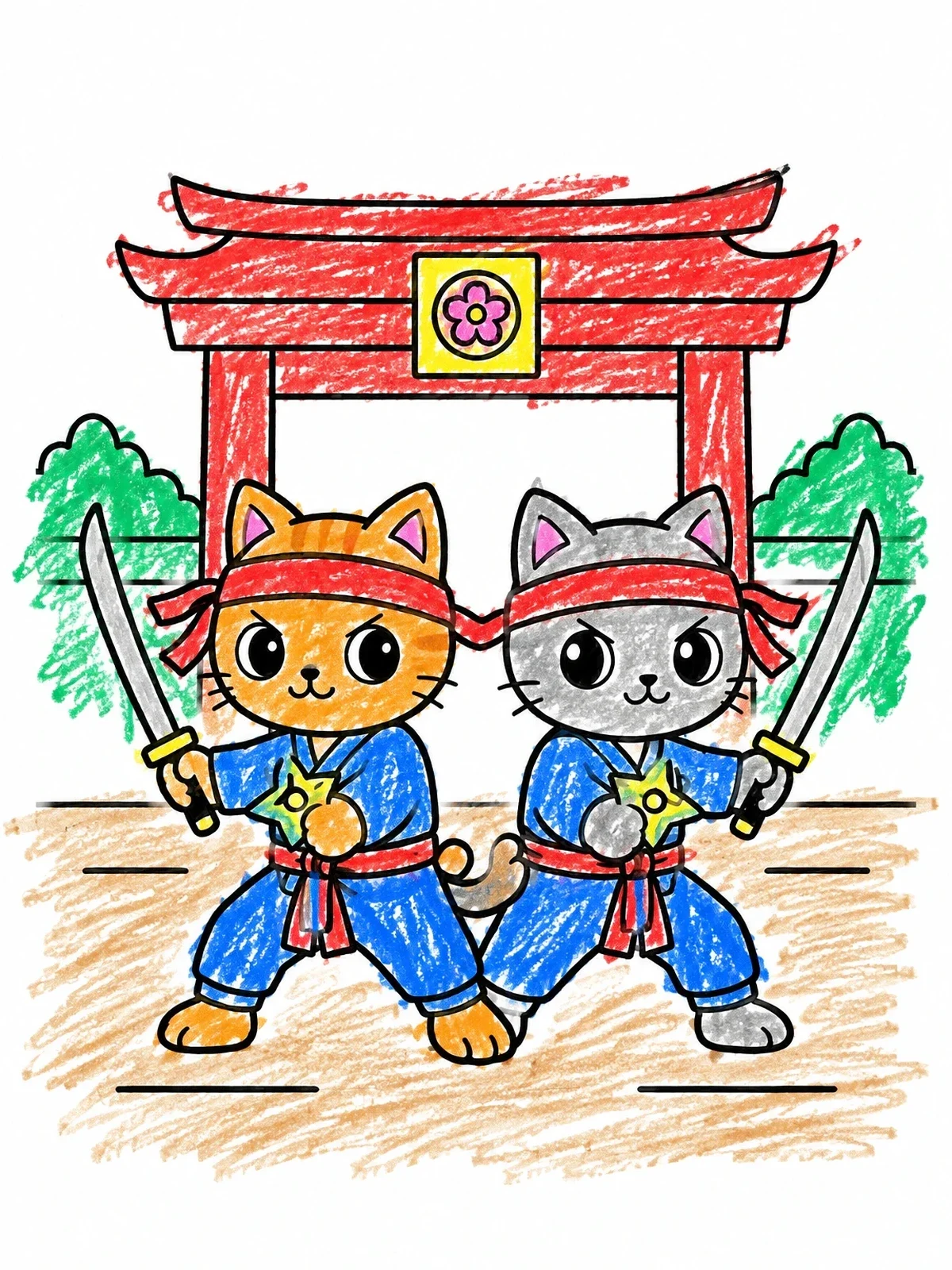 Colored example of the Twin Ninja Cats Defending Temple Gate coloring page