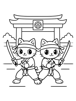 Free printable Twin Ninja Cats Defending Temple Gate coloring page