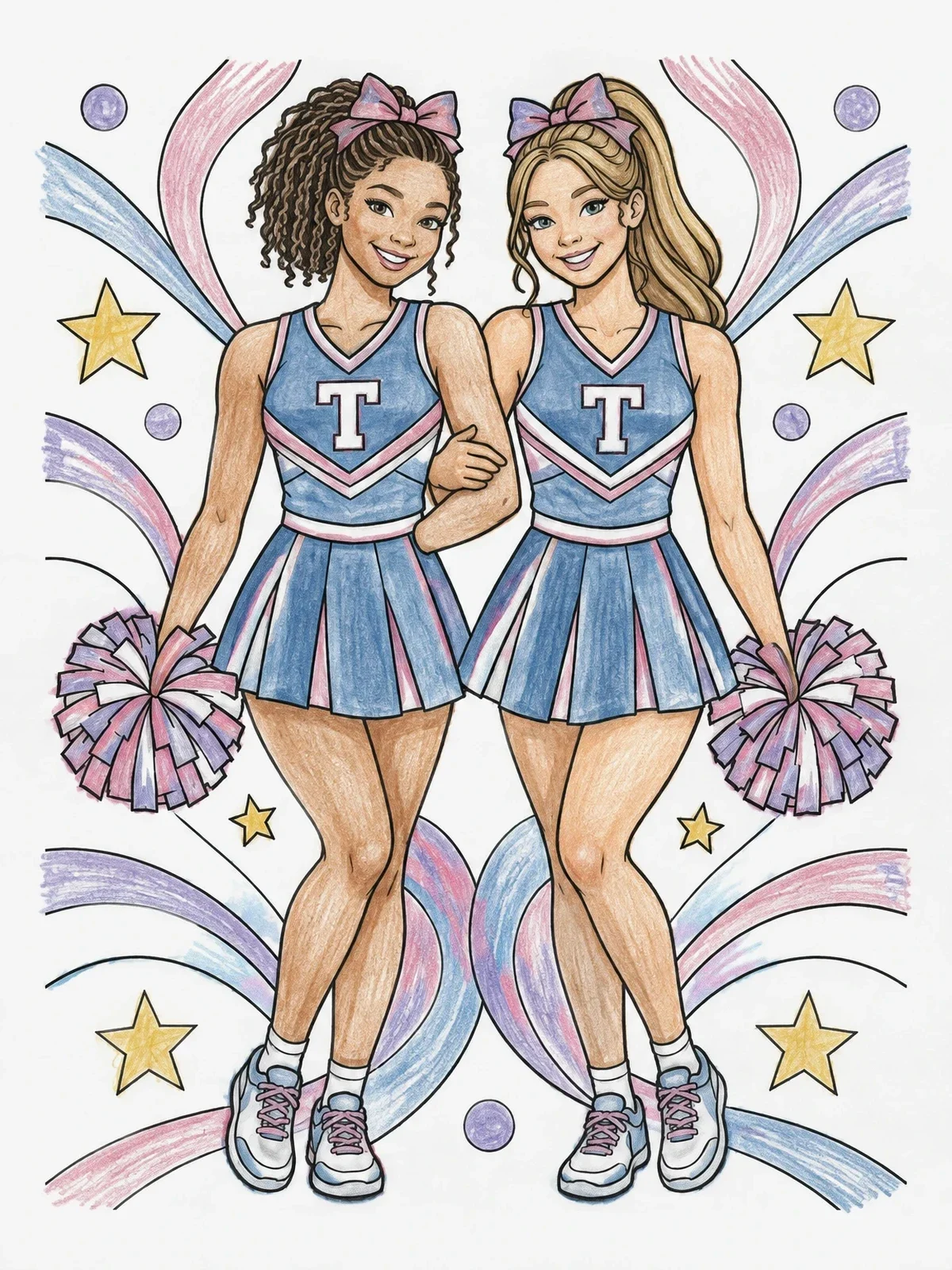 Colored example of the Twin Cheerleaders Linking Arms coloring page