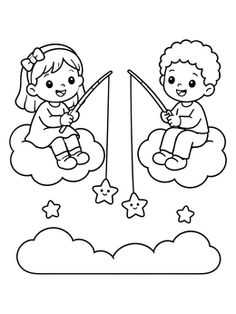 Free printable Twin Children Fishing For Stars coloring page
