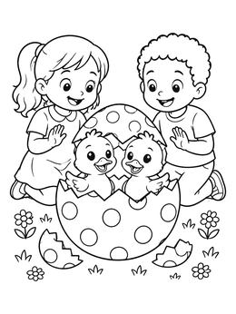 Free printable Twin Ducklings Hatching With Happy Children coloring page
