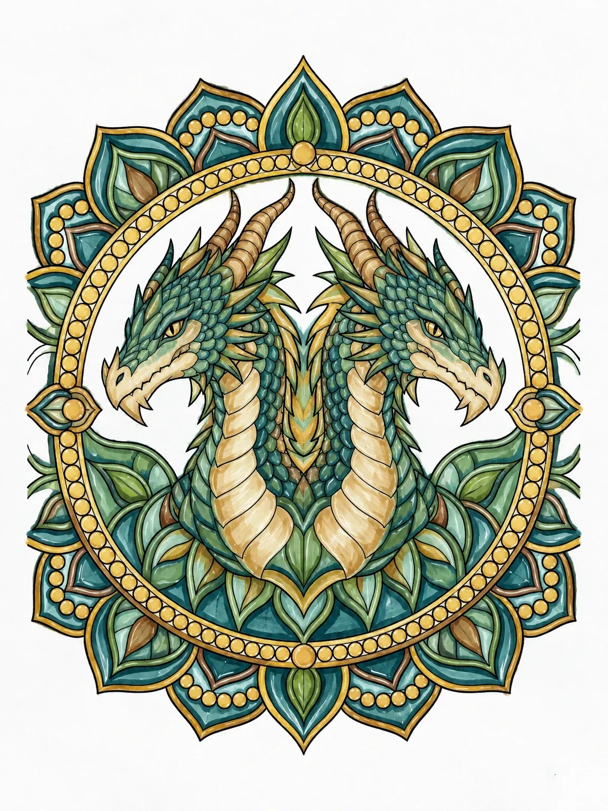 Colored example of the Twin Headed Dragon Mandala coloring page
