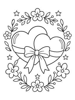 A sweet hearts and flowers coloring page featuring two ribbon-tied hearts inside a floral wreath.