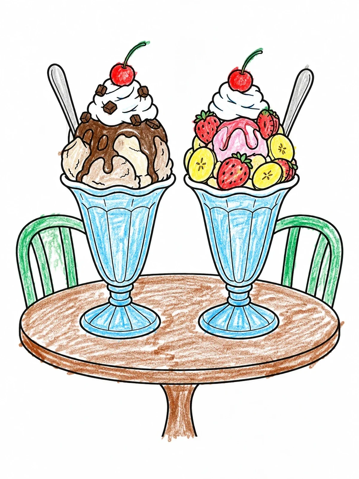Colored example of the Twin Ice Cream Sundaes On Table coloring page